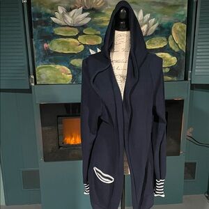 CAbi Navy Hooded open front sweater with Navy and White Stripes